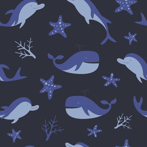 Seamless vector pattern with whales and dolphins Sea or ocean print Graphic print