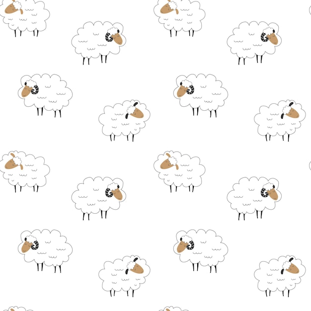 Seamless vector pattern with white sheeps isolated on a white background. Graphic print.