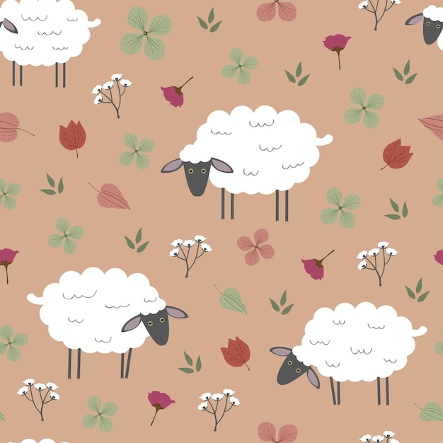 Seamless vector pattern with white sheeps with black muzzles graze in a meadow Graphic print