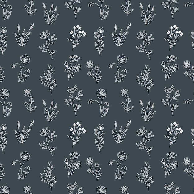 Seamless vector pattern with wildflowers. Print design with hand drawn doodle flowers in black and white.