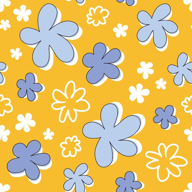 Seamless vector pattern on a yellow background Purple and lilac abstract flowers contour white doodle Drawing in a simple cartoon summer beach style vector illustration