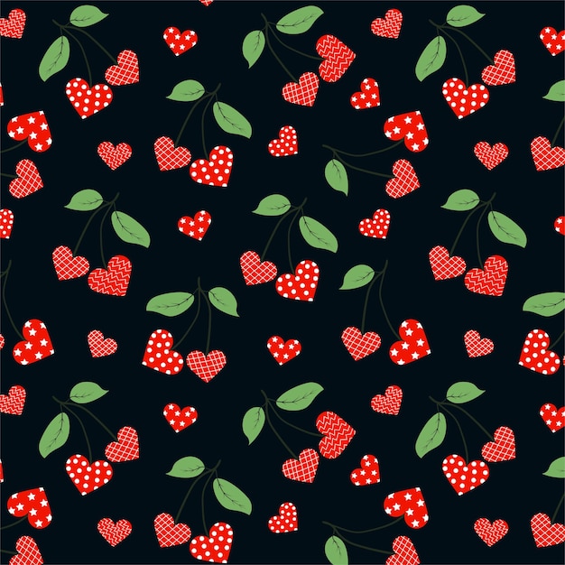 Seamless vector repeat pattern with hand drawn doodle red heart shaped cherry