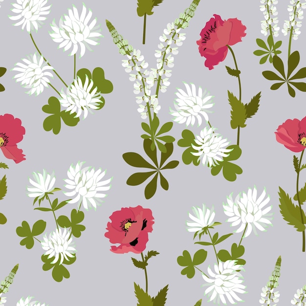 Seamless vector summer illustration with poppies lupine and clover on a gray background