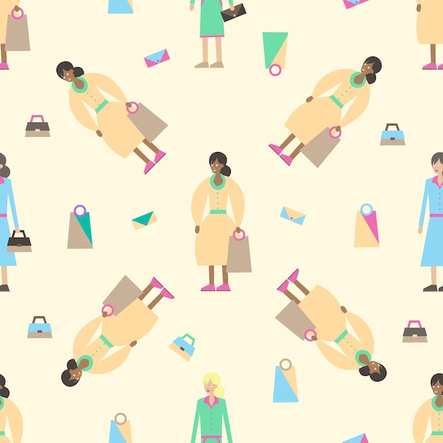 Seamless vector with woman people with shopping bags on light pale yellow endless background