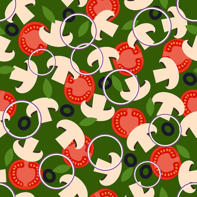 Seamless vegetable pattern with tomatoes mushrooms onion rings and olives