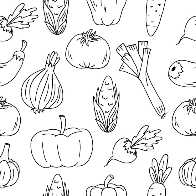 Seamless vegetables pattern Hand drawn doodle vegetarian food