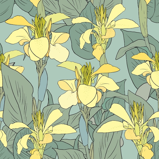 Seamless vintage pattern with yellow canna lily on mint blue background