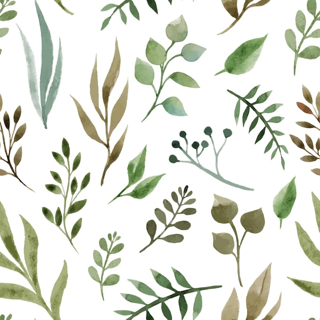 Seamless watercolor floral pattern green leaves and branches vector composition