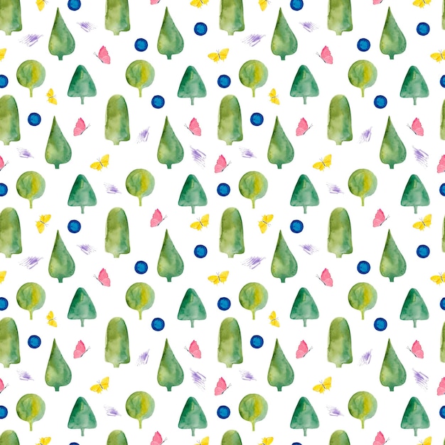 Seamless watercolor pattern of cute trees and butterflies