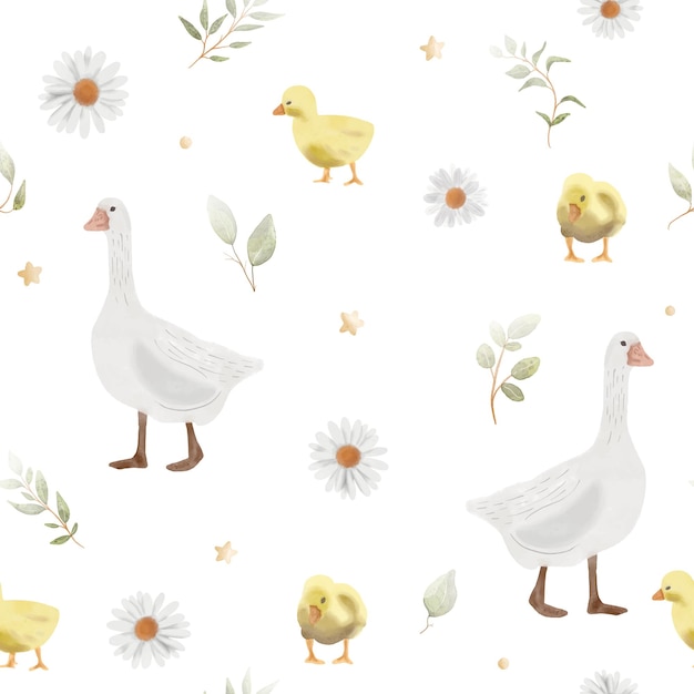 Seamless watercolor pattern goose and little ducklings with sprigs of leaves and daisies