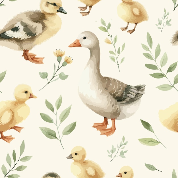 Seamless watercolor pattern goose and little ducklings with sprigs of leaves