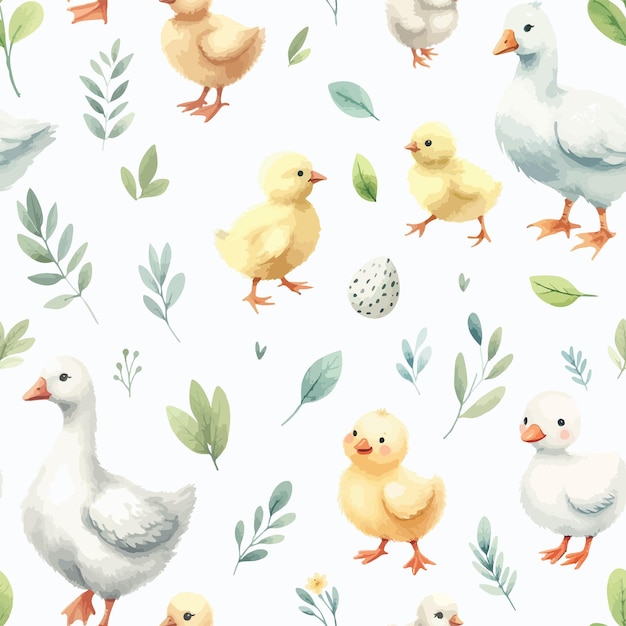 Seamless watercolor pattern goose and little ducklings with sprigs of leaves