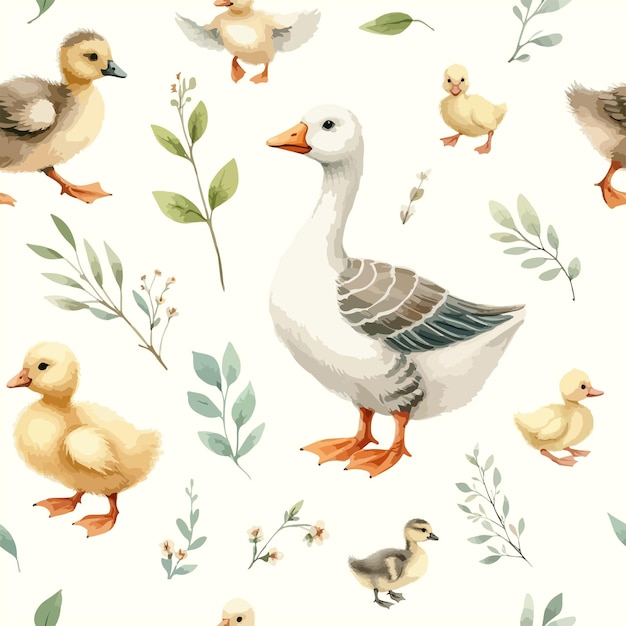 Seamless watercolor pattern goose and little ducklings with sprigs of leaves