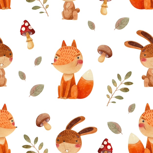 Seamless watercolor pattern with forest animals bunny and fox