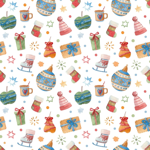 Seamless watercolor pattern with New Years gifts and skates and New Years paraphernalia