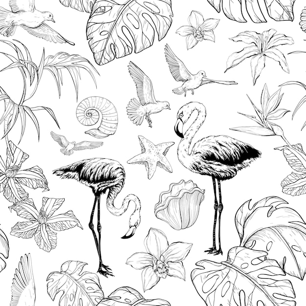 Seamless watercolor pattern with tropical flowers and flamingo birds