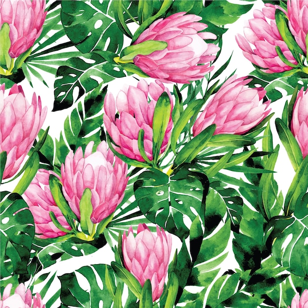 seamless watercolor pattern with tropical flowers and leaves pink protea flowers and green leaves