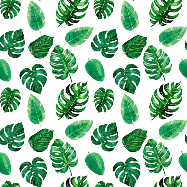 Vector seamless watercolor pattern with tropical monstera leaves and white flowers isolated on a white back