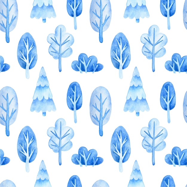 seamless watercolor pattern with winter trees and fir trees in the snow