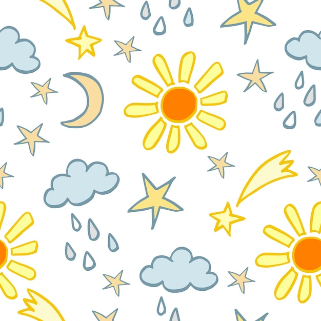 Seamless weather pattern with cute sun moon and raining clouds on white background Funny kids characters on endless background Colorful vector illustration in flat cartoon style