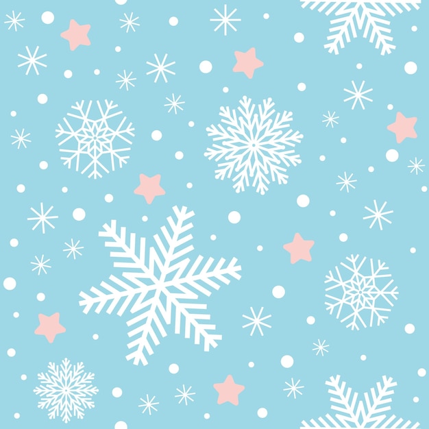 Seamless winter cute blue background with white snowflakes and pink stars childish background.