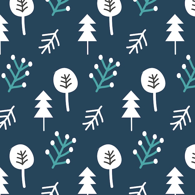 Vector seamless winter pattern design with trees and snowflakes