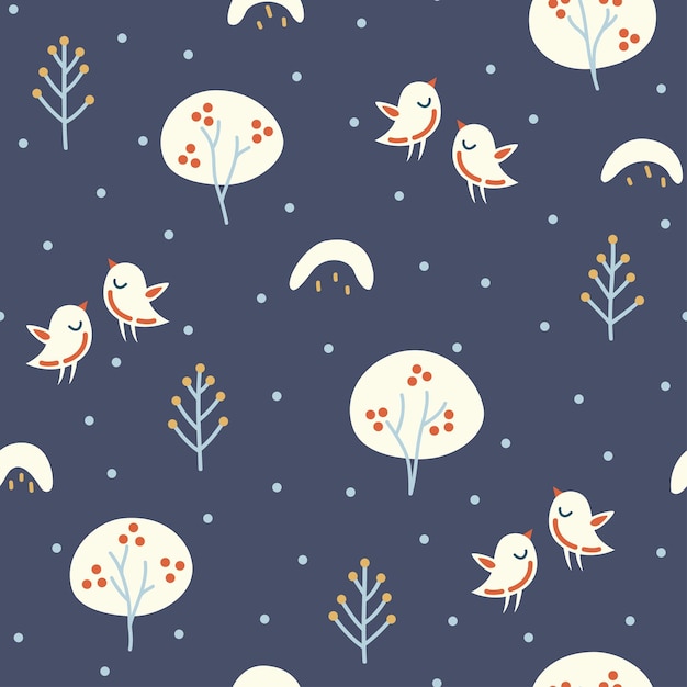 Seamless winter pattern with bullfinches mountain ash and snowdrifts