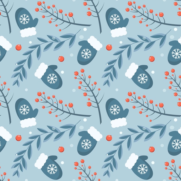 Seamless winter pattern with mittens and red berries