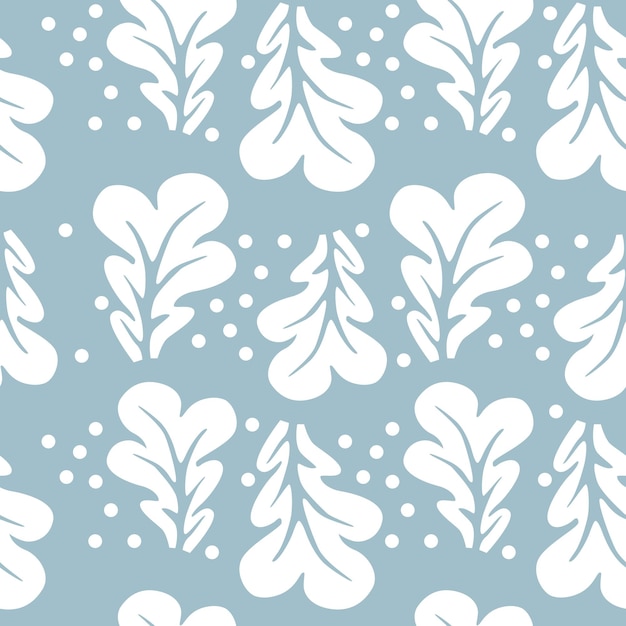 Seamless winter pattern with oak leaves and snowflakes on blue background.