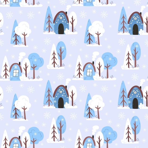 Seamless winter pattern with snow houses and trees in flat style