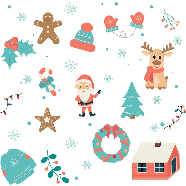 Seamless winter pattern with snowflakes Santa Claus warm clothes and house