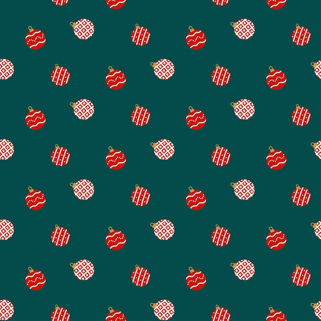 Seamless xmas vector background with Christmas balls on green New year pattern