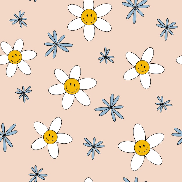 Seamless Y2k pattern with daisies and a smile on a beige background Fashionable retro trippy style of the 2000s Funny cute texture for surface decoration Vector