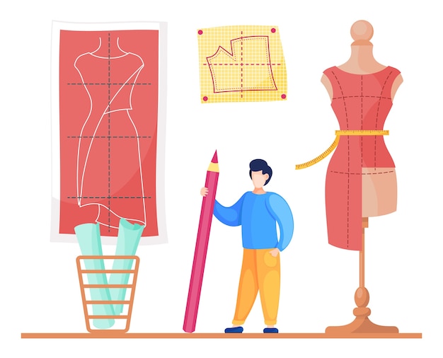 Vector seamstress with pencil look at pattern of future dress at wall