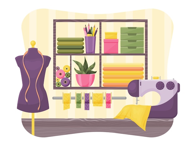 Vector seamstress workshop. interior. vector illustration. cartoon style.