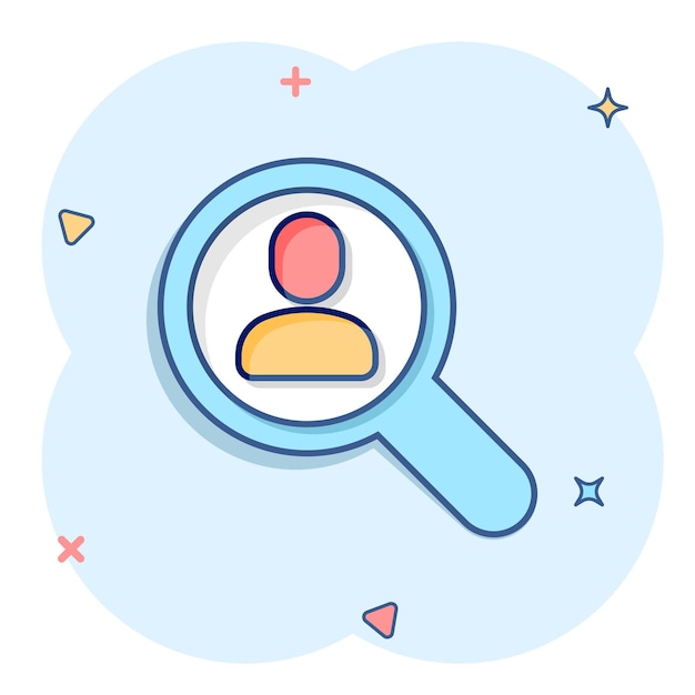 Search job vacancy icon in comic style Loupe career cartoon vector illustration on white isolated background Find people employer splash effect business concept