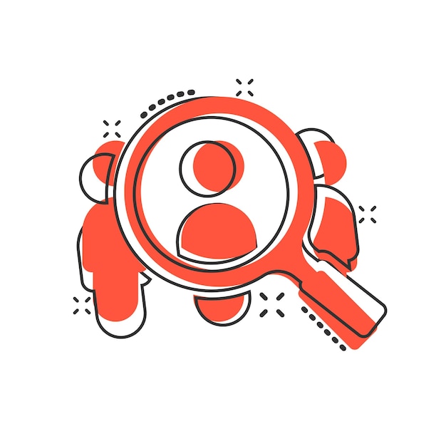 Search job vacancy icon in comic style Loupe career vector cartoon illustration on white isolated background Find people employer splash effect business concept