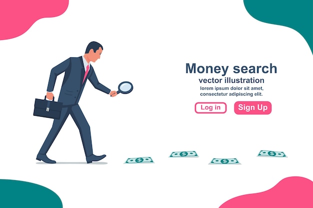 Search for money. A businessman is looking through a magnifying glass. Search for profits. Vector illustration flat design. Isolated on white background. Successful people. Money trace.