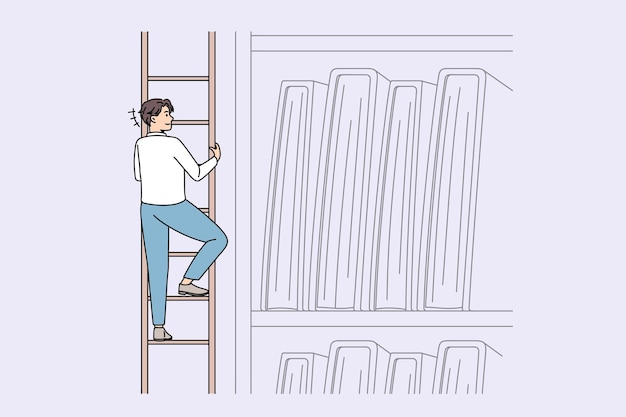 Searching for information and knowledge concept. Smiling man climbing on ladder trying to reach on top shelf ta take documents or books vector illustration