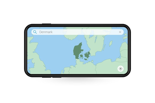 Searching map of Denmark in Smartphone map application Map of Denmark in Cell Phone