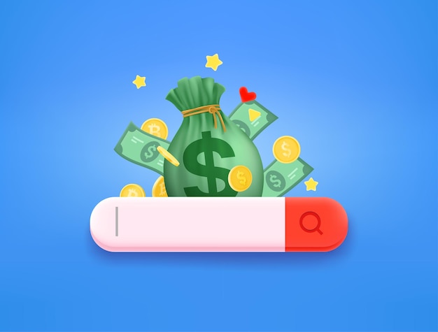 Searching for money concept with search tab 3d style vector illustration