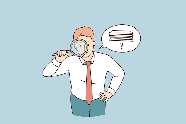 Searching for money or documents concept. Young attentive businessman cartoon character standing looking at magnifier trying to find money or official documents vector illustration