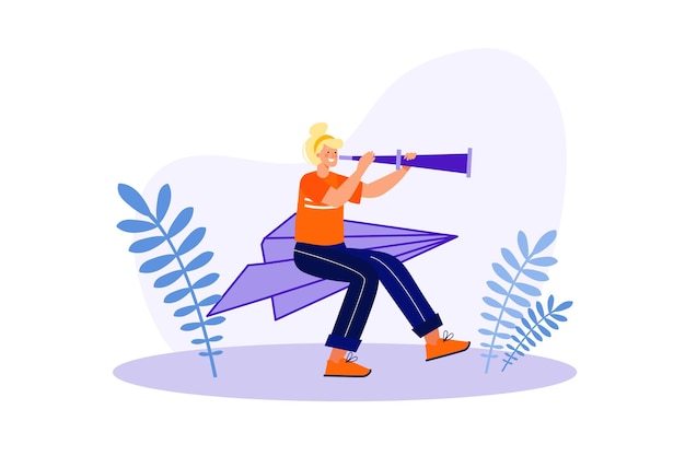 Searching for opportunities concept with people scene in the flat cartoon design Woman is looking for opportunities for her development and implementation of her plans Vector illustration