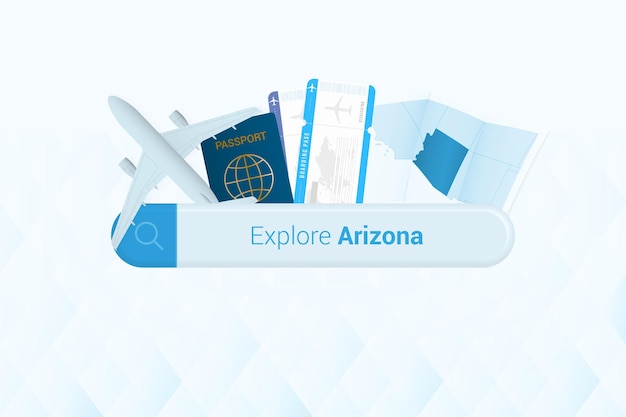 Searching tickets to Arizona or travel destination in Arizona Searching bar with airplane passport boarding pass tickets and map