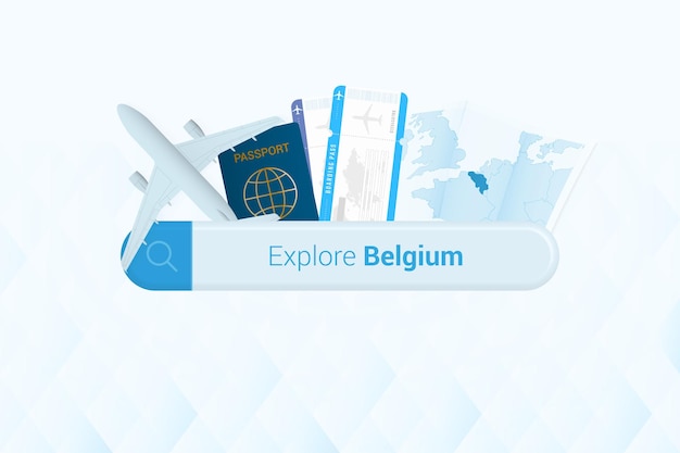 Searching tickets to Belgium or travel destination in Belgium Searching bar with airplane passport boarding pass tickets and map