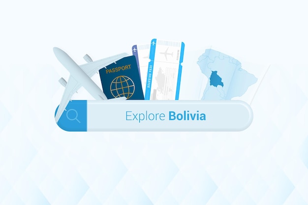 Searching tickets to Bolivia or travel destination in Bolivia Searching bar with airplane passport boarding pass tickets and map