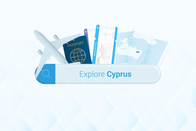 Searching tickets to Cyprus or travel destination in Cyprus Searching bar with airplane passport boarding pass tickets and map