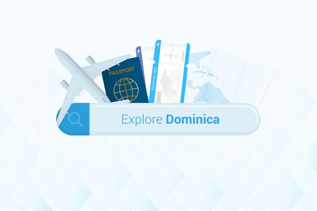 Searching tickets to Dominica or travel destination in Dominica Searching bar with airplane passport boarding pass tickets and map