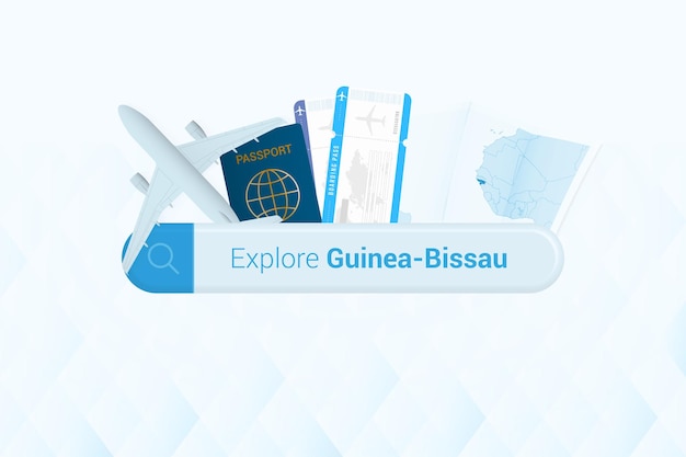 Searching tickets to GuineaBissau or travel destination in GuineaBissau Searching bar with airplane passport boarding pass tickets and map