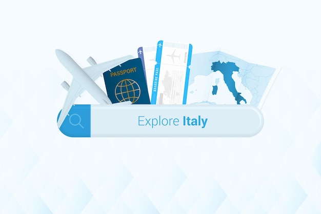 Searching tickets to Italy or travel destination in Italy Searching bar with airplane passport boarding pass tickets and map